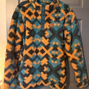 Cozy Patterned Sherpa Pullover Hoodie - Teal & Mustard